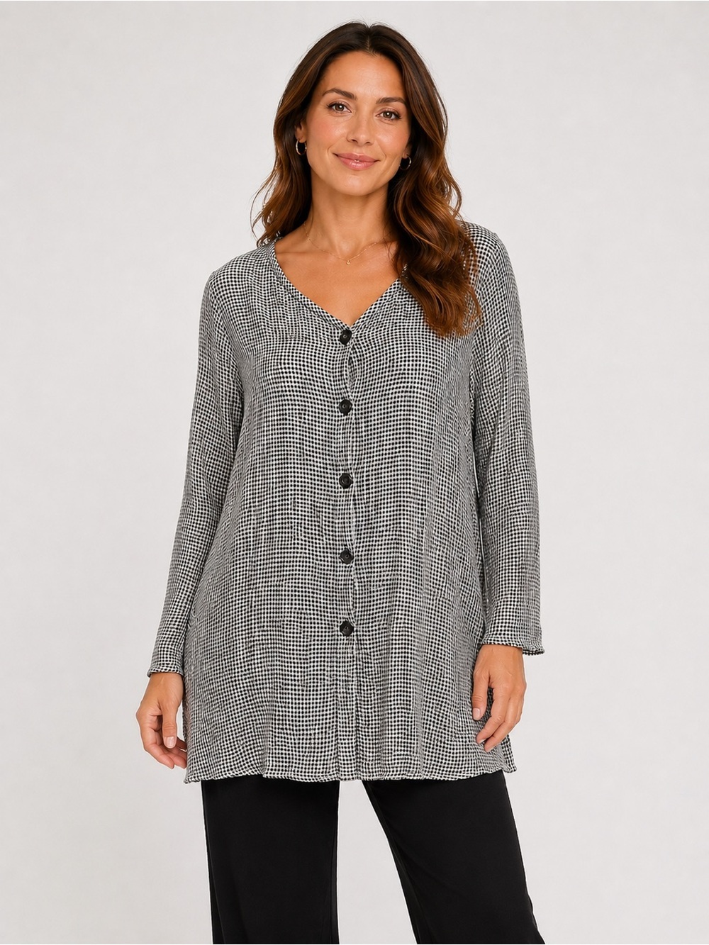 FLAX Tunic Shirt Women Size M Black White Rayon Acetate Button Down Long Sleeve